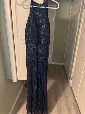 Navy Sequin Halter Prom Dress - Elegant Evening Gown